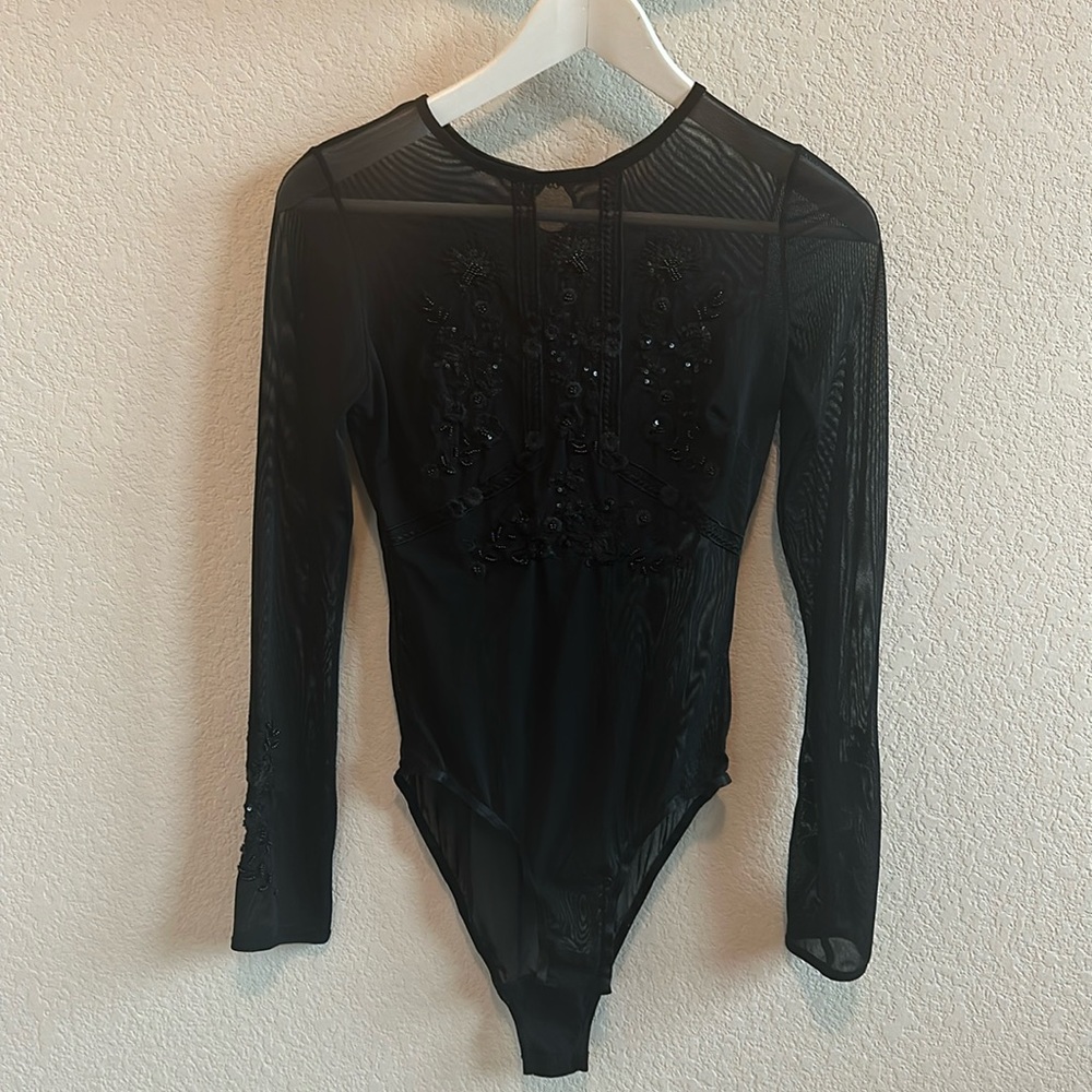 Embroidered long sleeve mesh bodysuit